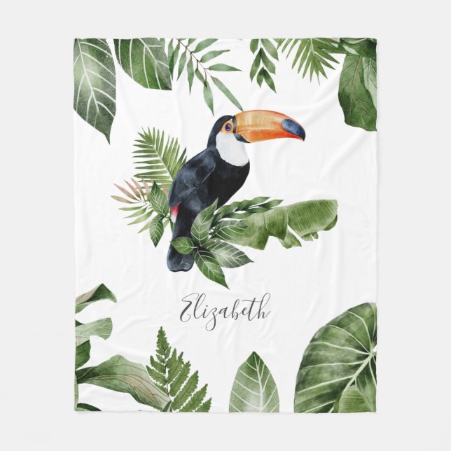 Tropical Forest Cute Toucan Personalised Name Fleece Blanket (Front)