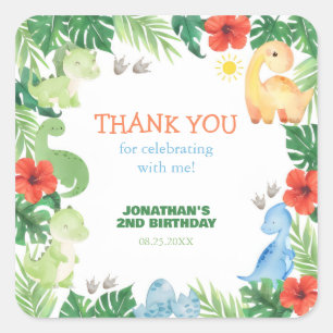 Tropical Forest Dinosaur Birthday Thank You Square Sticker
