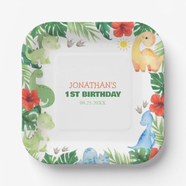 Tropical Forest Dinosaur Kids Birthday Paper Plate (Front)