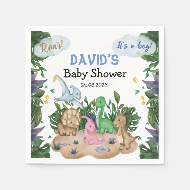 Tropical Forest Dinosaurs Boy Baby Shower Napkin (Front)