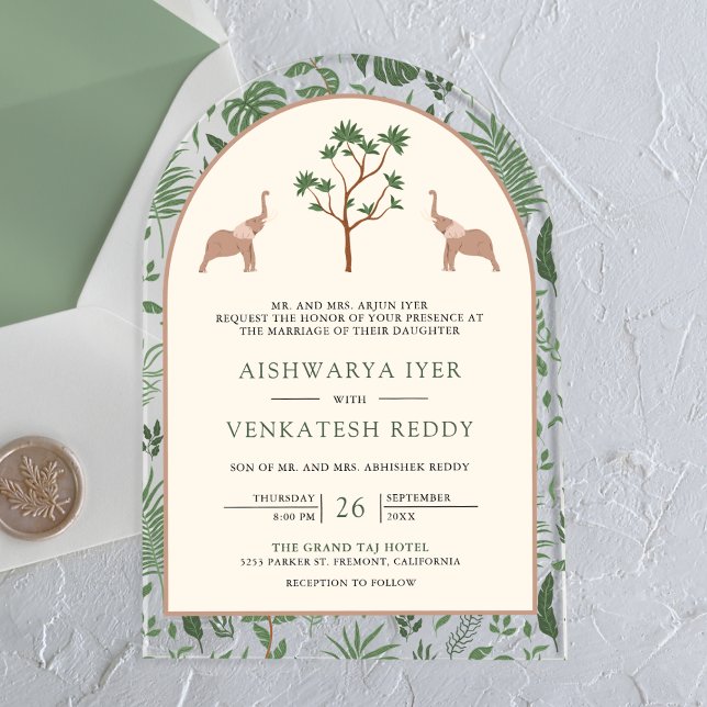 Tropical Forest Elephant Arch Indian Wedding Acrylic Invitations (Creator Uploaded)