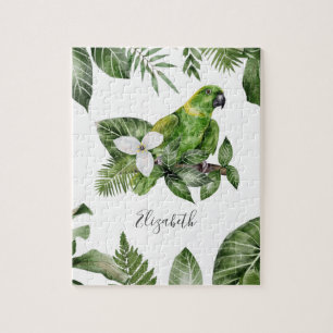 Tropical Forest Green Parrot Personalised Name Jigsaw Puzzle