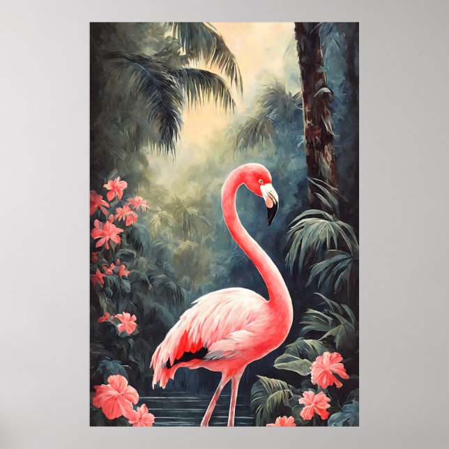 Tropical Forest Pink Flamingo Vintage Poster (Front)