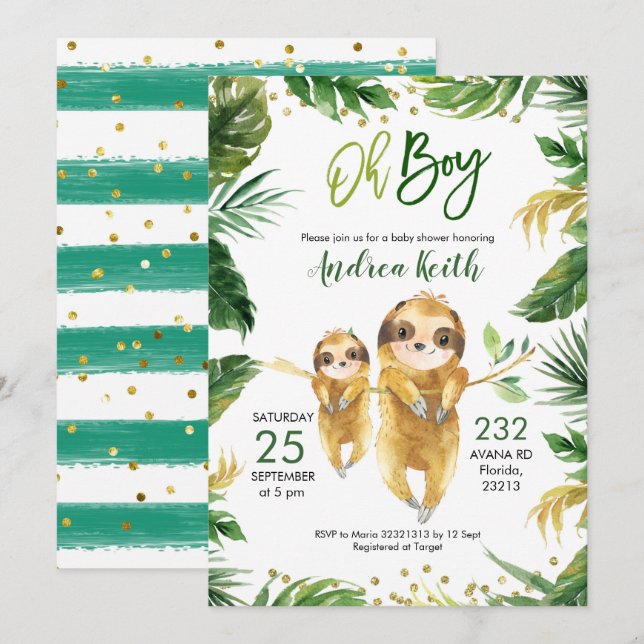 Tropical Forest Sloth Baby Shower Invitation (Front/Back)