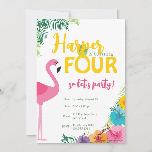 Tropical Fourth Birthday Party, Luau Invite (Front)
