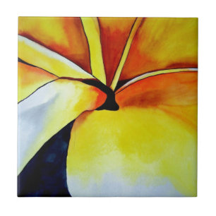 Tropical Frangipani flower watercolor abstract art Tile