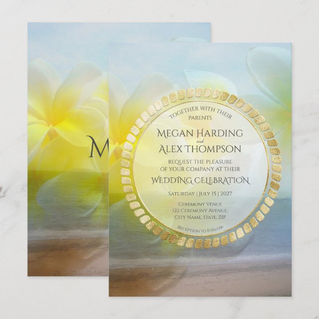 Tropical Frangipani Modern Beach Elegant Wedding Invitation (Front/Back)