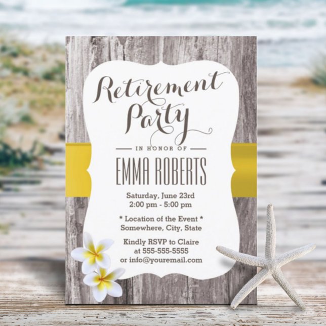 Tropical Frangipani Rustic Wood Retirement Party Invitation (Creator Uploaded)
