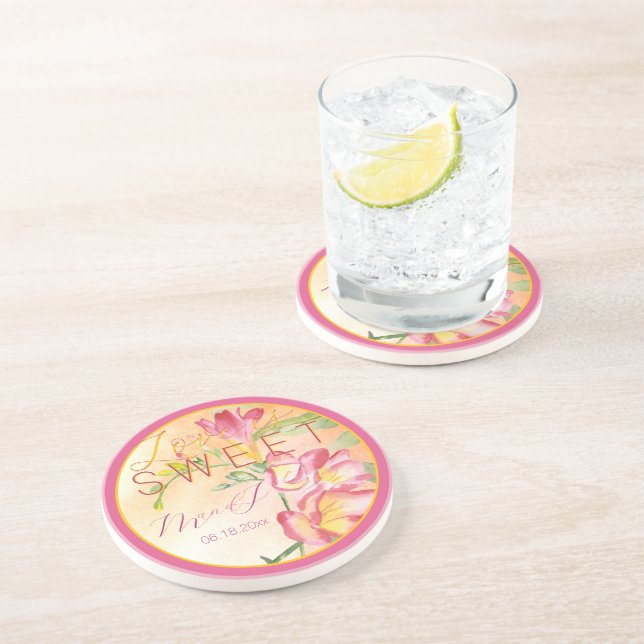 Tropical Freesia Watercolor Love is Sweet Coaster (Side)