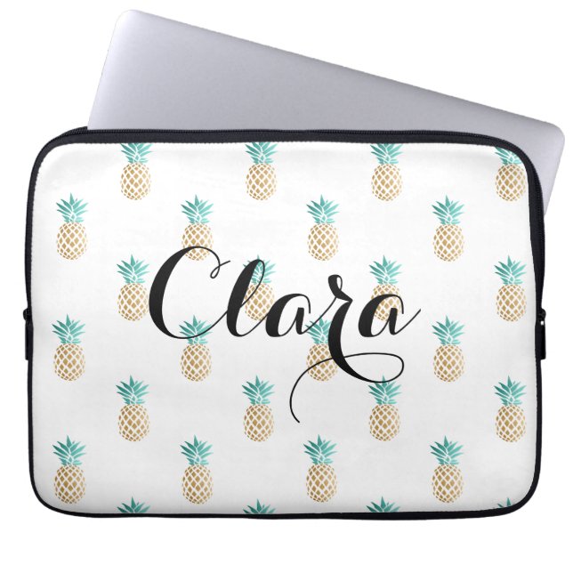 tropical fresh summer faux gold pineapple pattern laptop sleeve (Front)