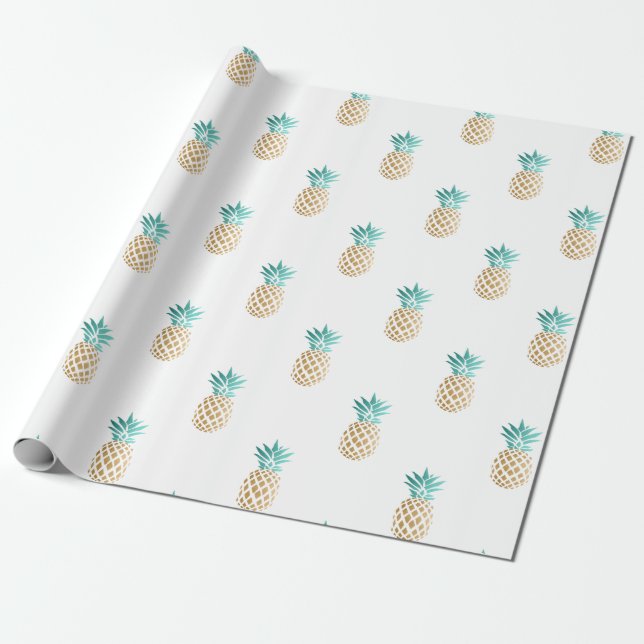 tropical fresh summer faux gold pineapple pattern wrapping paper (Unrolled)