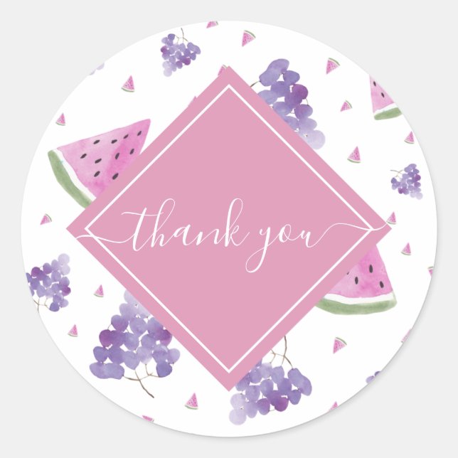 Tropical Fresh Watermelon & Grapes Thank You Cute  Classic Round Sticker (Front)