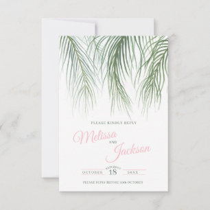 Tropical fronds foliage pink green wedding RSVP card