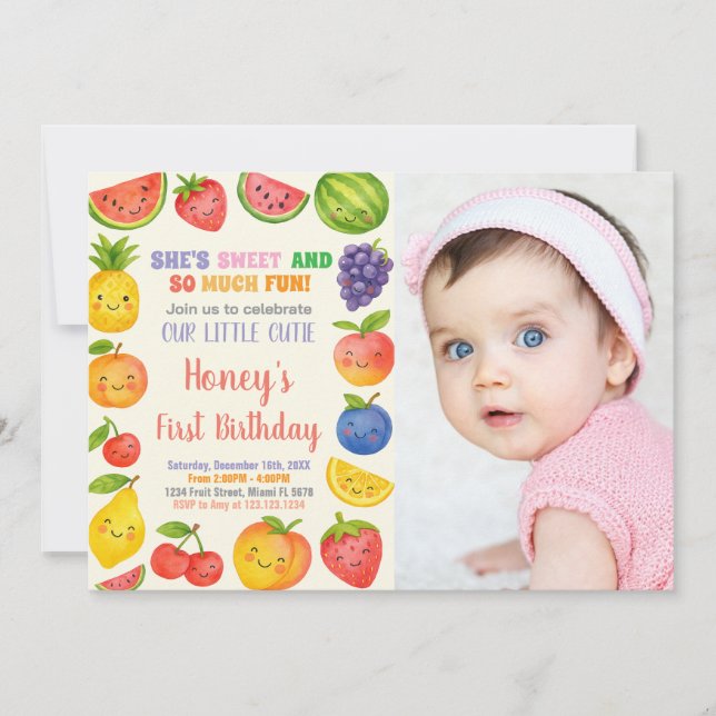 Tropical Fruit 1st Birthday Invitation with photo (Front)