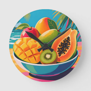 Tropical Fruit Bowl Illustration Round Clock