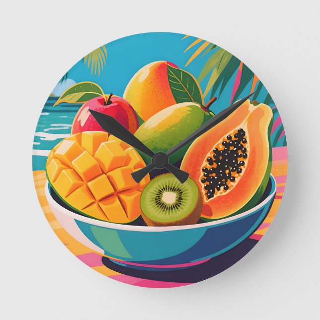 Tropical Fruit Bowl Illustration Round Clock (Front)