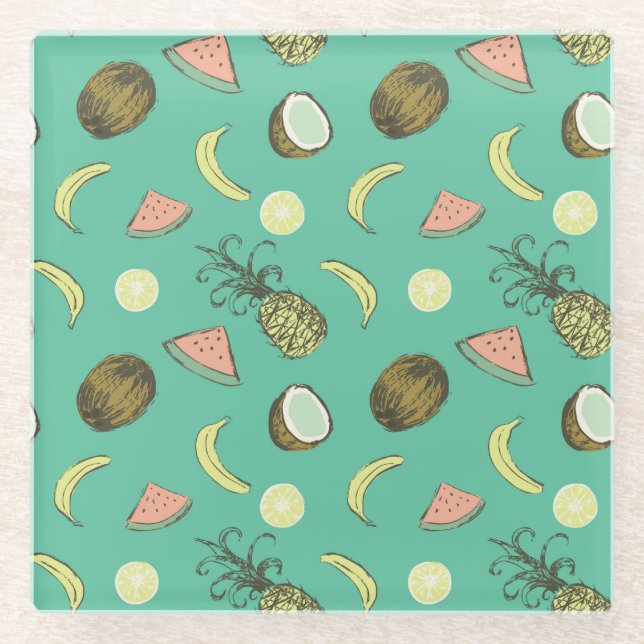 Tropical Fruit Doodle Pattern Glass Coaster (Front)
