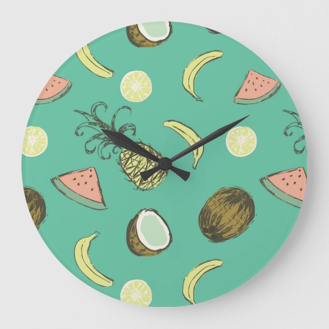 Tropical Fruit Doodle Pattern Large Clock (Front)