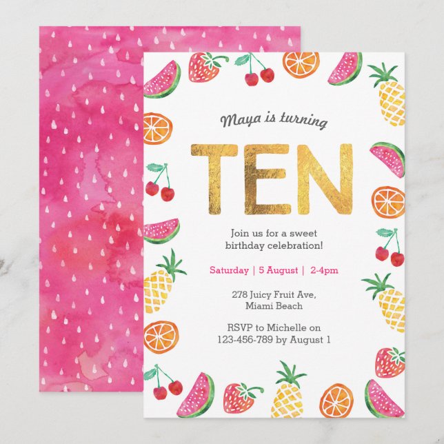 Tropical Fruit Gold 10th Birthday Invitation (Front/Back)