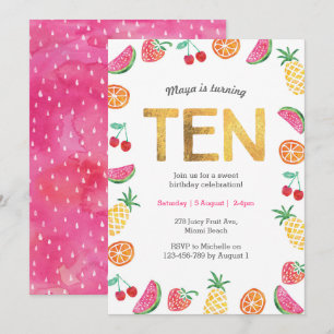 Tropical Fruit Gold 10th Birthday Invitation