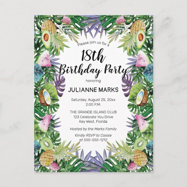 Tropical Fruit Greenery Summer 18th Birthday Party Invitation Postcard (Front)