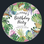 Tropical Fruit | Greenery Summer Birthday Party Classic Round Sticker<br><div class="desc">Get ready for a trip to the tropics with this fruity, tropical Birthday Party design. Features a variety of tropical fruits, including coconuts, pineapples, kiwi and avocados with a juicy pink melon thrown in for good measure. Lush and gorgeous greenery abounds along with hints of pinks and purples mixed in...</div>