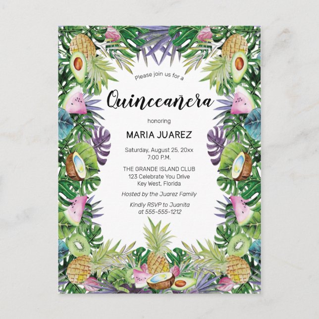 Tropical Fruit | Greenery Sunset Quinceañera Invitation Postcard (Front)