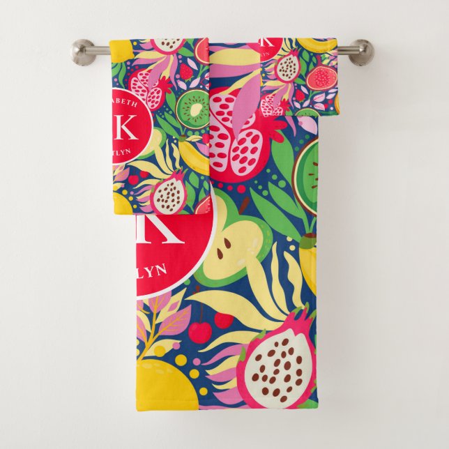 Tropical Fruit Monogram Watercolor Summer Pattern Bath Towel Set (Insitu)