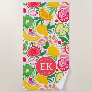 Tropical Fruit Monogram Watercolor Summer Pattern Beach Towel