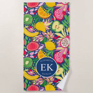 Tropical Fruit Monogram Watercolor Summer Pattern Beach Towel