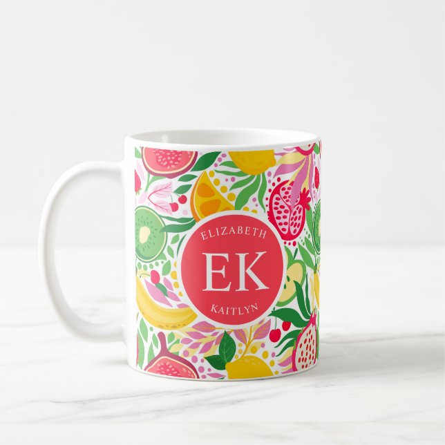 Tropical Fruit Monogram Watercolor Summer Pattern Coffee Mug (Left)