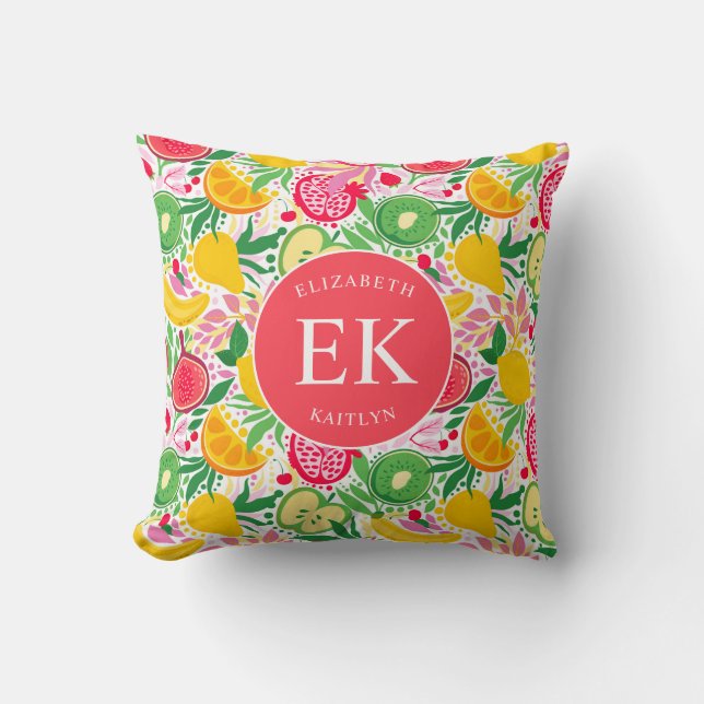 Tropical Fruit Monogram Watercolor Summer Pattern Cushion (Front)