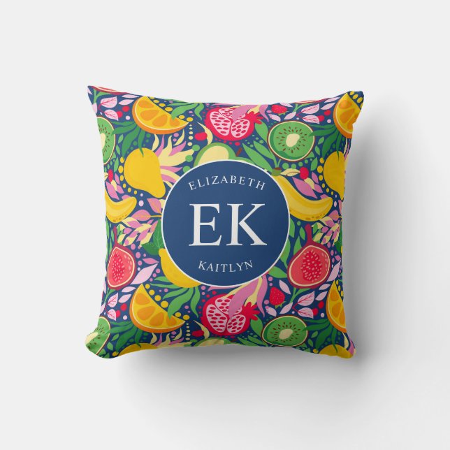 Tropical Fruit Monogram Watercolor Summer Pattern Cushion (Front)