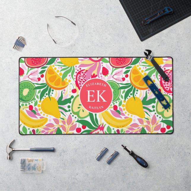 Tropical Fruit Monogram Watercolor Summer Pattern Desk Mat (Workstation)