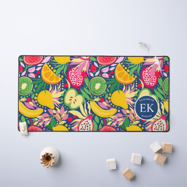 Tropical Fruit Monogram Watercolor Summer Pattern Desk Mat (Kids Table)