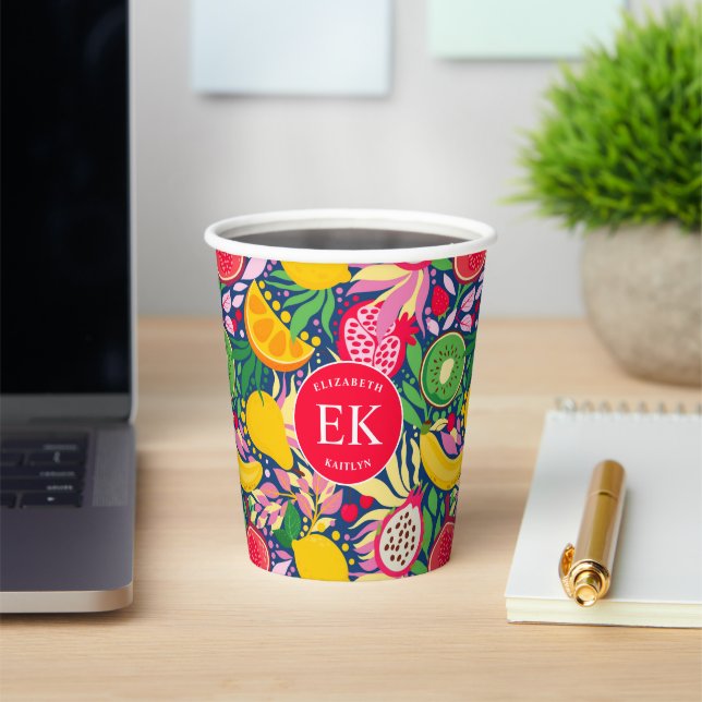 Tropical Fruit Monogram Watercolor Summer Pattern Paper Cups (Insitu)