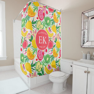 Tropical Fruit Monogram Watercolor Summer Pattern Shower Curtain