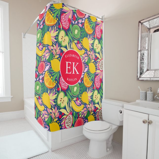 Tropical Fruit Monogram Watercolor Summer Pattern Shower Curtain (In Situ)