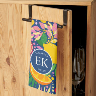 Tropical Fruit Monogram Watercolor Summer Pattern Tea Towel
