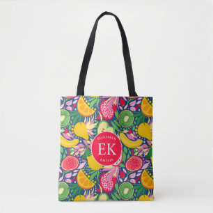 Tropical Fruit Monogram Watercolor Summer Pattern Tote Bag