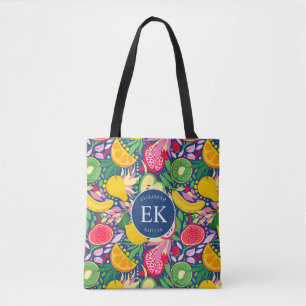 Tropical Fruit Monogram Watercolor Summer Pattern Tote Bag