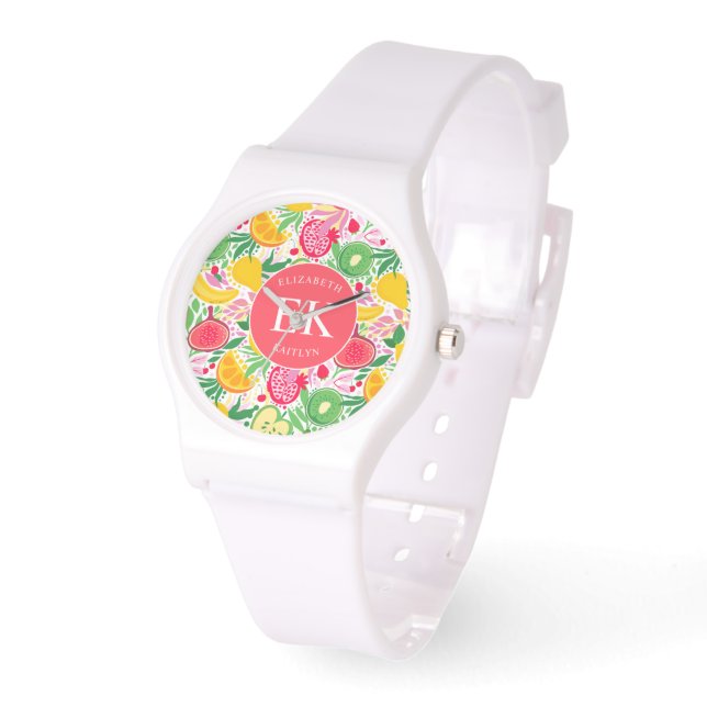 Tropical Fruit Monogram Watercolor Summer Pattern Watch (Angle)