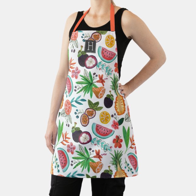 Tropical fruit multi-colour summer all-over print apron (Insitu)