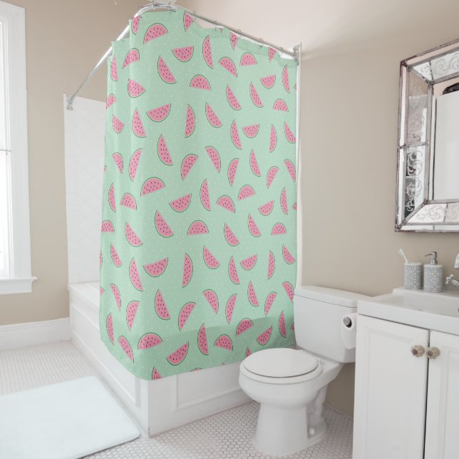 Tropical Fruit Paint Splatter Pattern Shower Curtain (In Situ)