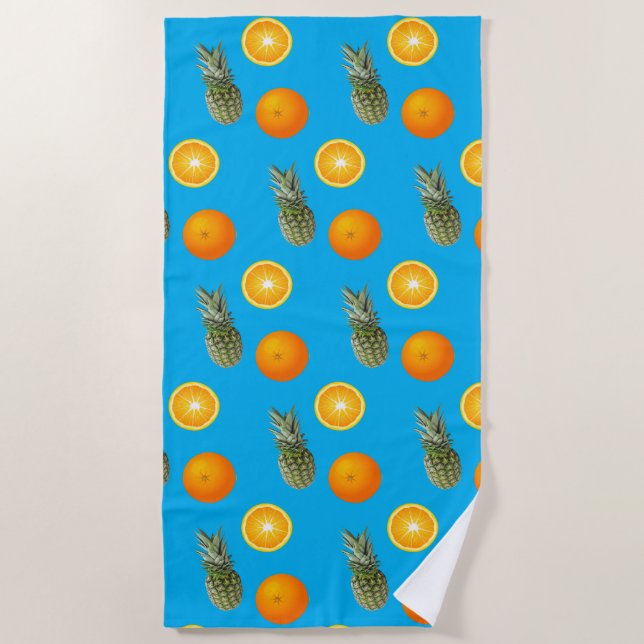 Tropical Fruit Pinapple Orange Pattern Beach Towel (Front)