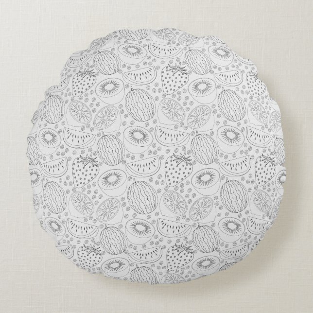Tropical fruit seamless pattern black and white round cushion (Front)