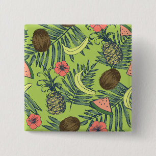 Tropical Fruit Sketch on Green Pattern 15 Cm Square Badge