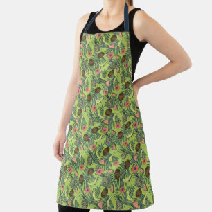Tropical Fruit Sketch on Green Pattern Apron