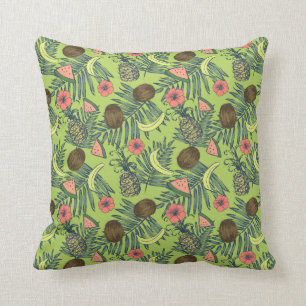Tropical Fruit Sketch on Green Pattern Cushion
