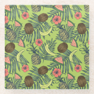 Tropical Fruit Sketch on Green Pattern Glass Coaster